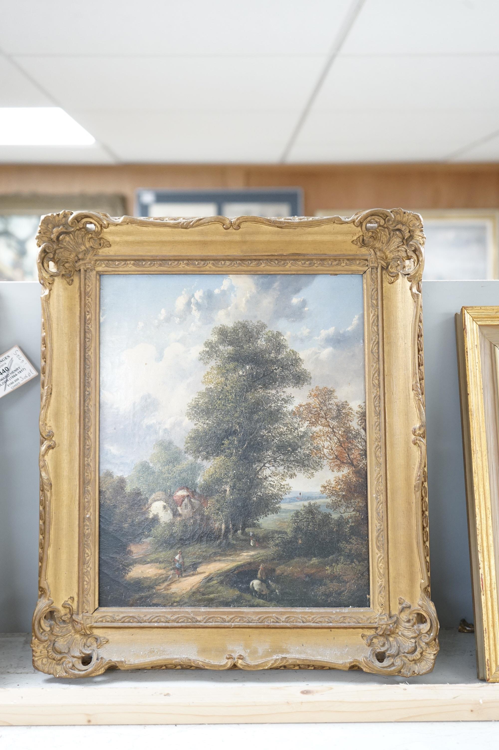19th century, English School, oil on canvas, Pastoral landscape, unsigned, 29 x 23cm, ornate gilt frame